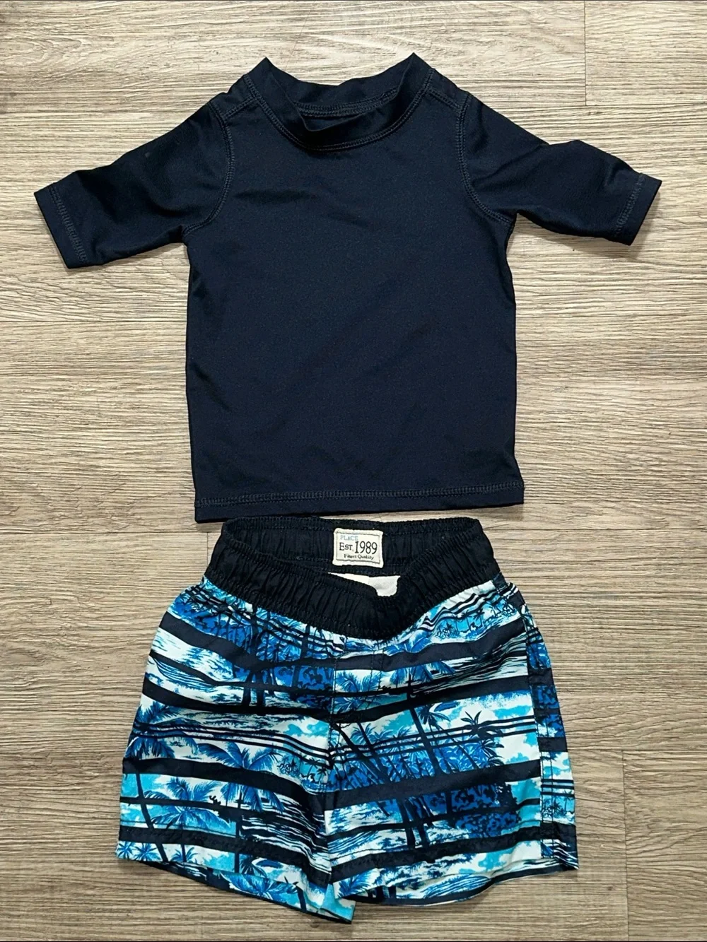 Kids Navy Rash Guard and Blue Palm Print Swim Shorts Set
